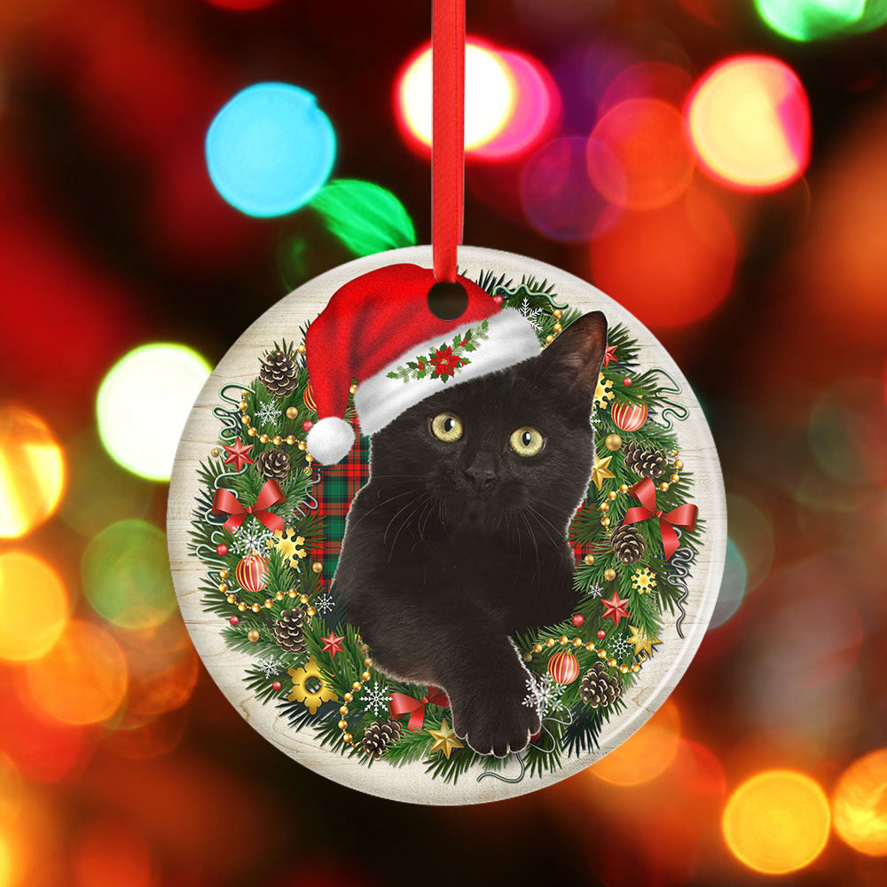 Black Cat Meowy Christmas Ceramic Ornament THH3449O - Flagwix