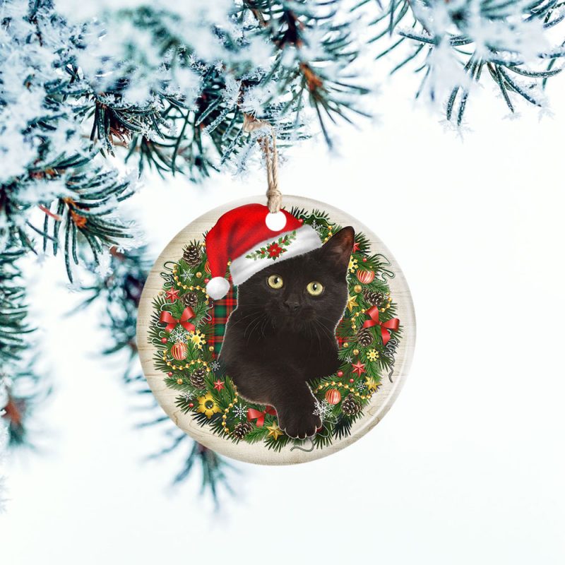 Black Cat Meowy Christmas Ceramic Ornament THH3449O - Flagwix